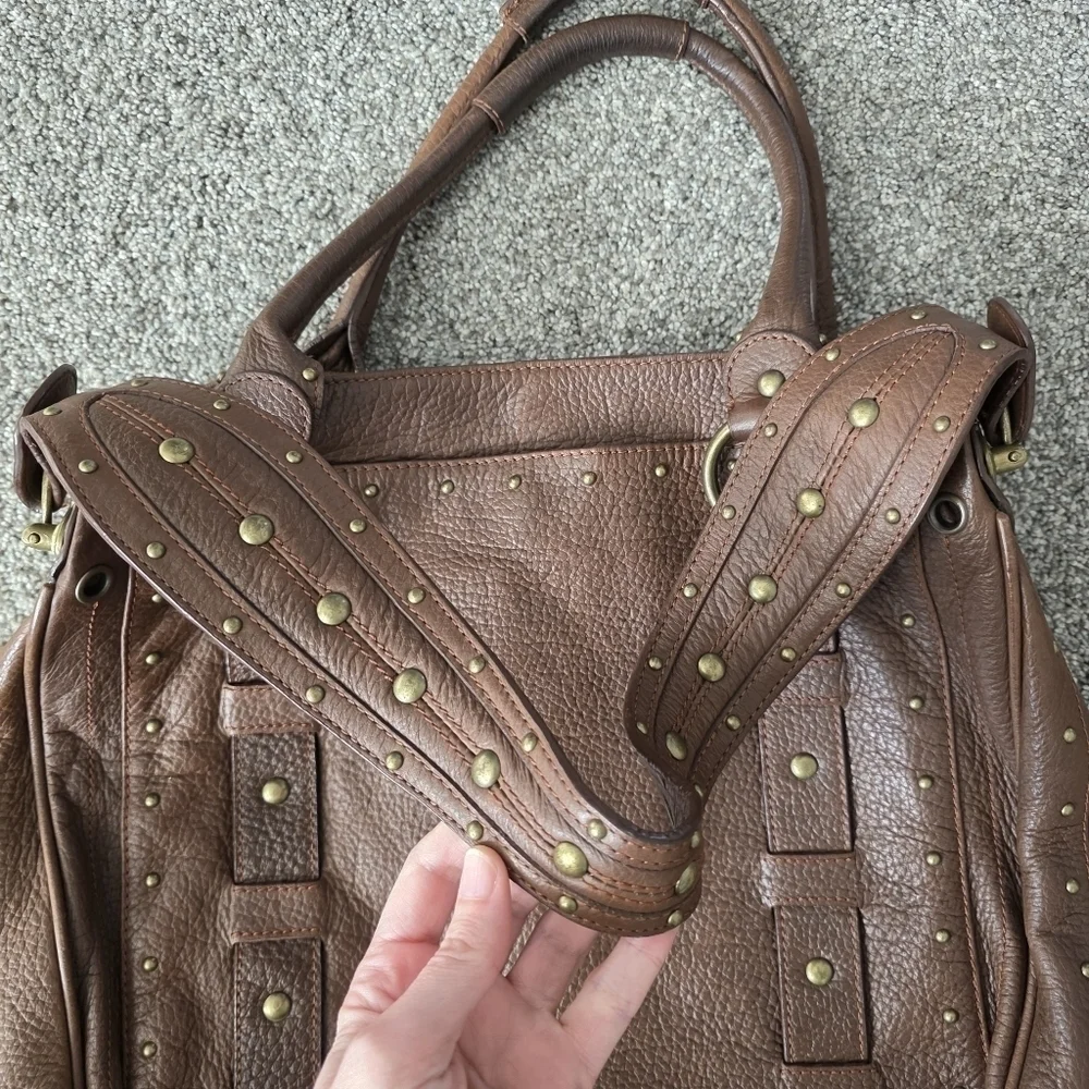 Betsey Johnson VTG Y2K Heavy Brown Leather Studded Tote Handbag Charms Large
